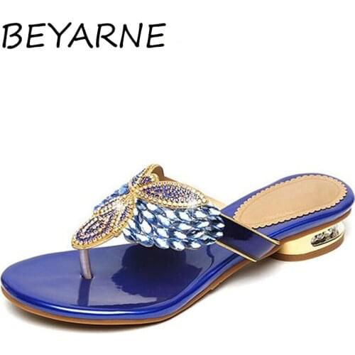 BEYARNENew Summer Flip Flop Rhinestone Sandals Women Slippers Low-heel Comfortable Patent Leather Slippers Flat Fashion Sandals