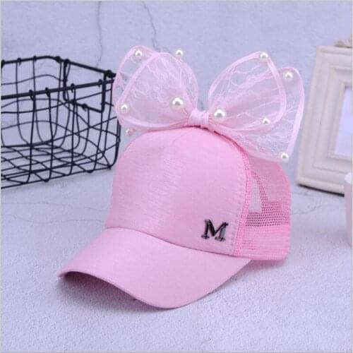Fashion Kids Baseball Cap Snapback Hat For Girls Baby lovely Big Pearl Bow Net Cap Children Summer Mesh Cap Breathable Sun Visor