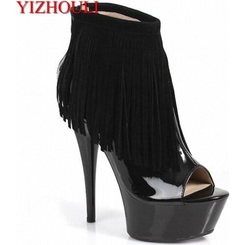 Autumn sexy womens shoes black japanned leather open toe shoes 15cm ultra high heels 6 inch black fringe ankle boots