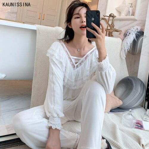 Spring Autumn V-neck Womens Pajamas Sets Sweet Female Long Sleeve Princess Lace Pyjamas Loose Sleepwear Two Piece Set Homewear