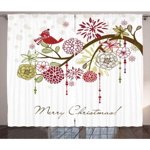 Noel Curtains Merry Christmas Bird on Winter Branch Satin Fabric Drapes for Living Room Bedroom 2 Panel Window Set