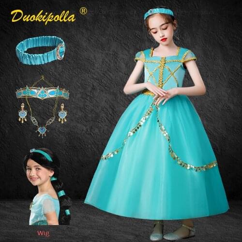 Christmas Jasmine Dress Headband Halloween Party Girl Princess Costume Summer Boutique Green Dresses for Girls Fairy Frock Wig