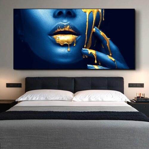Sexy Gold Lips African Woman Canvas Paintings On The Wall Art Posters And Prints Half Face Black Girl Pictures For Living Room