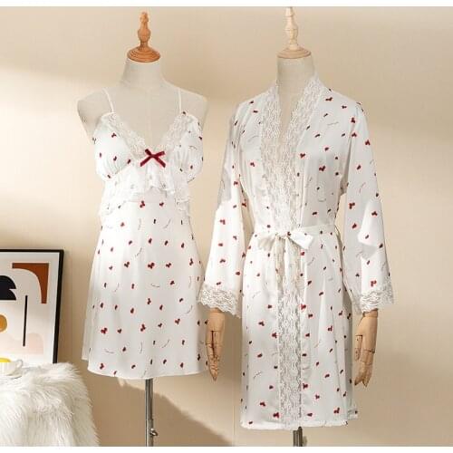 Sexy 2PCS Robe Set Women Summer Sleepwear With Lace Suspender Nightgown Sleep Suit V-Neck Bathrobe Gown Intimate Lingerie