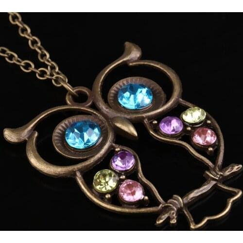 Sweater Necklace Vintage Rhinestone Owl Jewelery Long Pendant XIN-Shipping