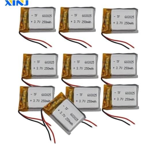 XINJ 10pcs 3.7V 250mAh Li lithium polymer battery li po cell 602025 For watches glasses headphones speaker smart watch DVR DVC