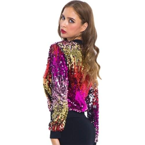 Women Fall Rainbow Sequins Gradient Bomber Jacket Beaded Coat Zipper Cardigan Streetwear Long Sleeved Dance Crop Tops Cardigan