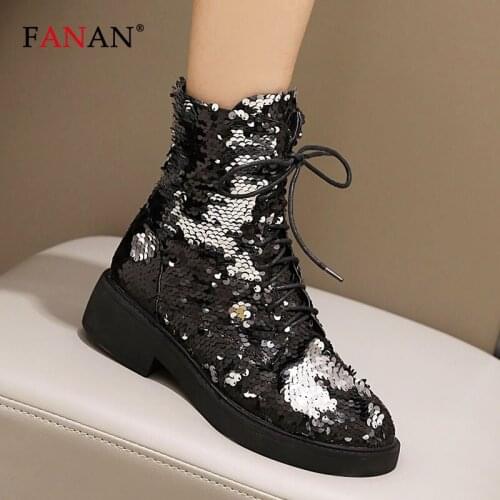 FANAN Womens Boots Bling Color-Changing Sequined Shoes for Woman Platform Ankle Boots Women Lace Up Sequins Shoes Black Silvery