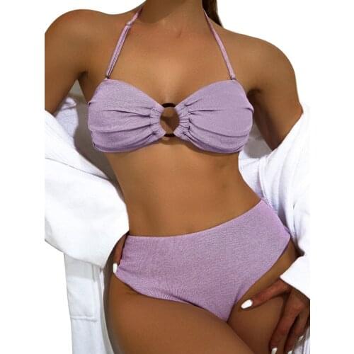 Women’s Sexy Two Piece y2k Bikini Suits Fashion Solid Color Ring Halter Harajuku Tops and High Waist Thong