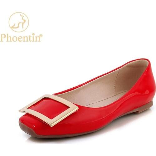Phoentin women Square button flat shoes elegant soft confortable shallow pumps new autumn slip on office work shoses FT1686