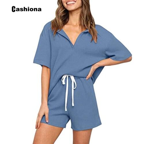 Women Two Piece V-neck Shirt Casual Short sets Female Drawstring Shorts Lounge Wear Mujer Yellow Black Female Loose 2 Pcs Outfit