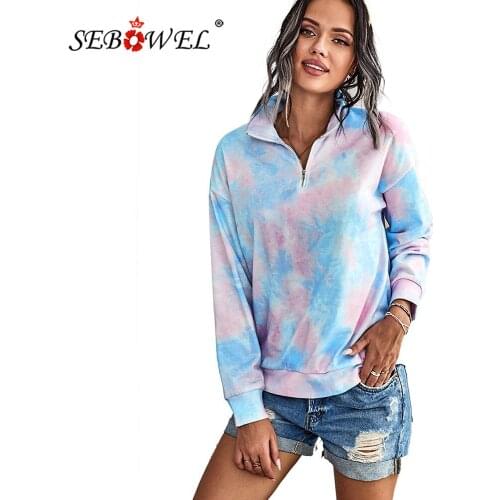 SEBOWEL Casual Long Sleeve Tie Dye Print Zip Collar Sweatshirt Women Autumn Winter Gradient Color Loose Sweatshirts Tops S-XXL