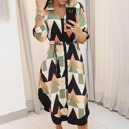 2021 New Europe America Lapel Printing Plaid Bandage Fashion Loose Dress Temperament Womens Clothing Long Sleeve Autumn