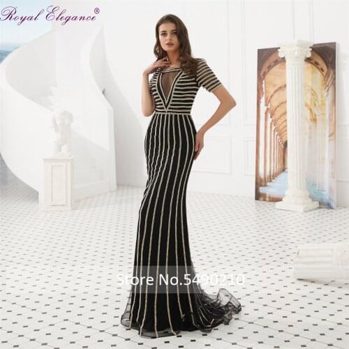 Royal Elegance Black Beaded Short Sleeve Mermaid robe soiré Evening Dress vestido de festa Prom dress