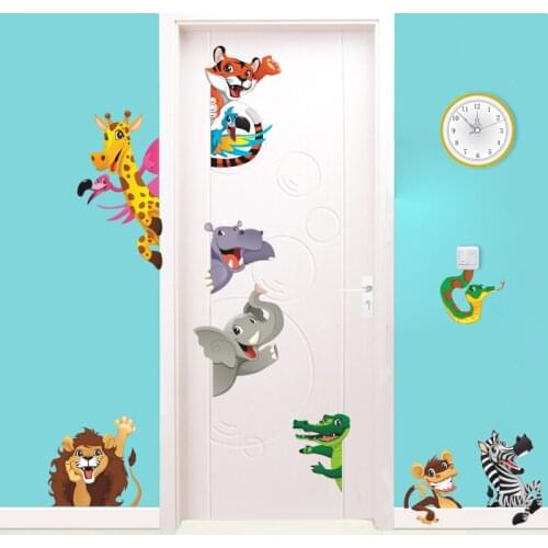 Animals Cartoon Wall Stickers For kids Room Bedroom Cute Lion Dinasour Kindergarten Play Room Door Decorations Vinyl Decal Mural