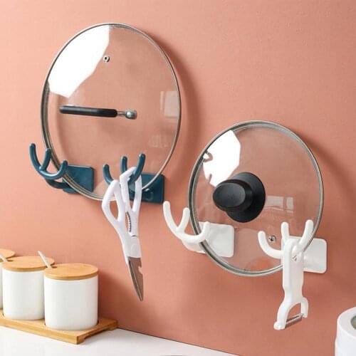 1 Pair Antler Shape Pots Lids Rack Wall Mount Strong Loading PP Self Adhesive Utensil Cutting Board Shelf Organizer for Kitchen