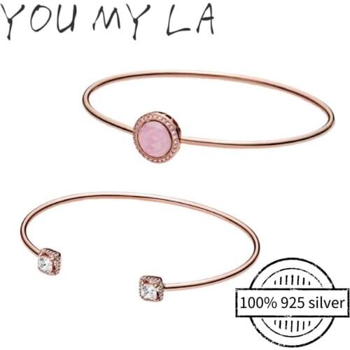 100% 925 Sterling Silver Basic Bracelet Clasp Bangle Signature With Crystal Open Bracelet Fit Pando Charm Trendy DIY Jewelry