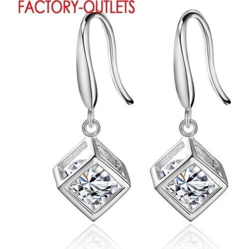Real 925 Sterling Silver Geometry Cube Shape Drop Earrings For Women Wedding Engagement Sparkling Crystal Earrings Jewelry