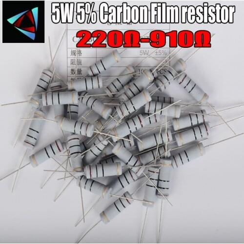 5pcs 5W 5% Carbon Film resistor 1R ~ 1M 220 240 270 300 330 360 390 430 470 510 560 620 680 750 820 910 ohm