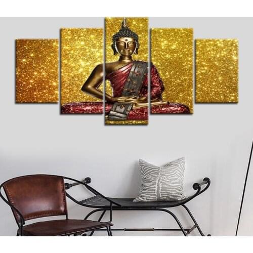 5 Piece Canvas Art Buddha Painting Gold Psychedelic Wall Pictures for Living Room Home Decor No Frame