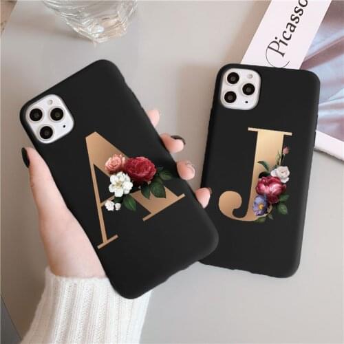 Alphabet Letter Black Gold Flower Phone Case For Xiaomi Note 8T 9 8 Pro T 5 6 7 7S 9S TPU Cover For Xiomi Redmi Note 9 Pro Coque