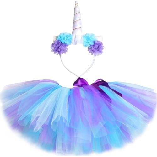 Unicorn Tutu Skirt with Headband Fluffy Children Tulle Skirt Girls Kids Birthday Party Tutus Blue Purple Mermai Tutu Baby Skirt