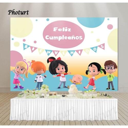 PHOTURT Cleo and Cuquin Birthday Party Backdrop Cartoon Photography Background Blue Pink Vinyl Photo Banner For Decorate Props