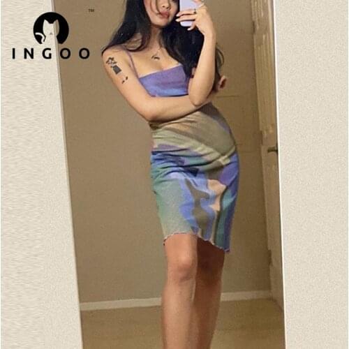 INGOO 2021 Fashion Print Spaghtti Strap Dress Women Sexy Abstract Style Colorful Sleeveless Slim Short Dresses Lady Streetwear