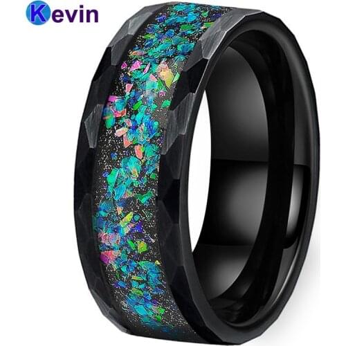 Black Hammer Ring Tungsten Wedding Ring Multi Facet Wedding Band For Men Women With Galaxy Series Opal Inlay 8MM Comfort Fit