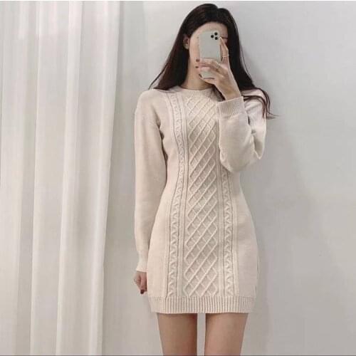 Korean Ins Autumn Winter Temperament Round Neck Sweater Dress Bodycon Open Back Slim Wrap Hip Knitted Dress Women Chic Thick W84