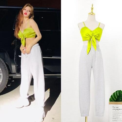 KPOP 4Minute Kim Hyun A Green sexy Bow-knot Crop Tops Women Solid Summer Camis lady Casual Tank Tops Vest Sleeveless Crop Tops