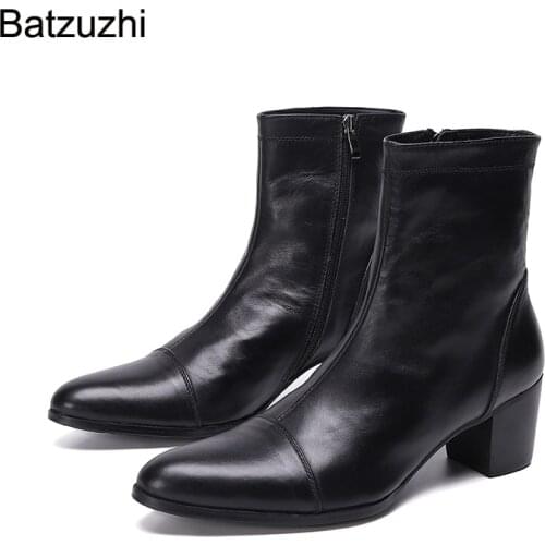 Batzuzhi 7cm High Heels Handsome Men Boots Genuine Boots Men Black Ankle Knight Botas Hombre for Men Party/Wedding, EU38-46