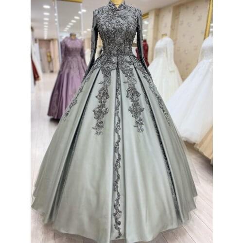 Lace Appliques Long Sleeve Muslim Prom Dresses 2021 Ball Gown Formal Evening Party Gowns Saudi Arabia Dubai Robe