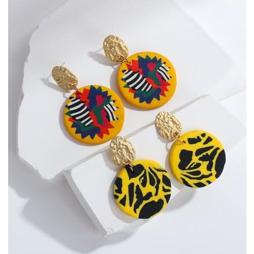 Lifefontier Trendy Abstract Graffiti Polymer Clay Earrings for Women Unique Geometric Round Metal Drop Earrings Jewelry 2021