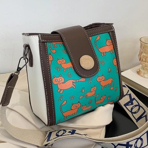 Small Broadband Womens Bucket Bag Cartoon Pattern Crossbody Bags Simple Designer Handbags Luxury Pu Leather Female Shoulder Bag