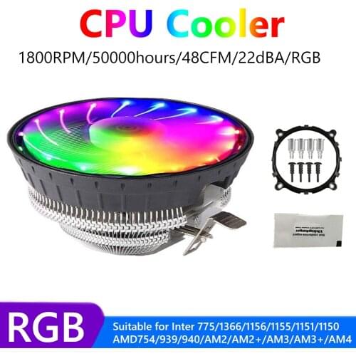 Cooling CPU Cooler Fan 3Pin 1800RPM RGB Light Silent Radiator for Inter 775/1366/1156/1155/1151 AMD 1150 Quiet Ventilador