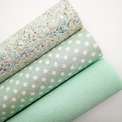 Onefly 21X29CM Light Green Glitter Leather, Dots Printed Glitter Fabric Sheets For Bow DIY handbags shoes DQ023