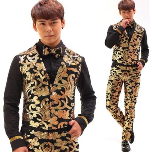 Original vintage men vest embroidery robes clothing chinese style personalized singer dance stage street star style dress black