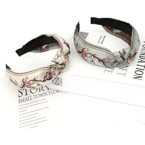 Embroidered Flower Print Headband Cross Knotted Wide Side Hair Ornaments Bezel Turban Headwear Women Girls Hairband Hair Accesso