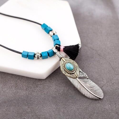 Vintage Feather Pendants Long Necklace Men Women necklaces & pendants Wooden Beads Tassel Choker Colar Jewellery Suspension 2021