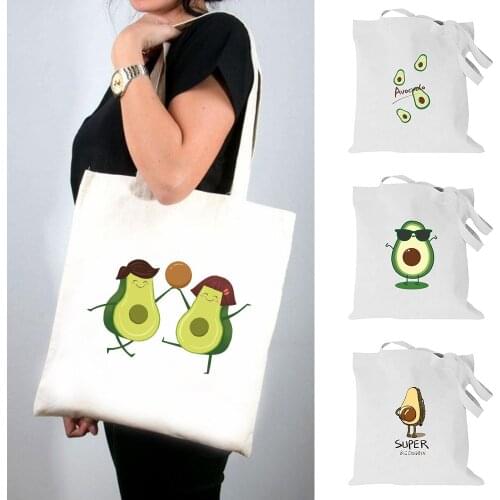 Large Capacity Shopping Bag Foldable Avocado Pattern Women Bags Canvas Casual Shoulder Bags Convenient Lightweight Travel Case