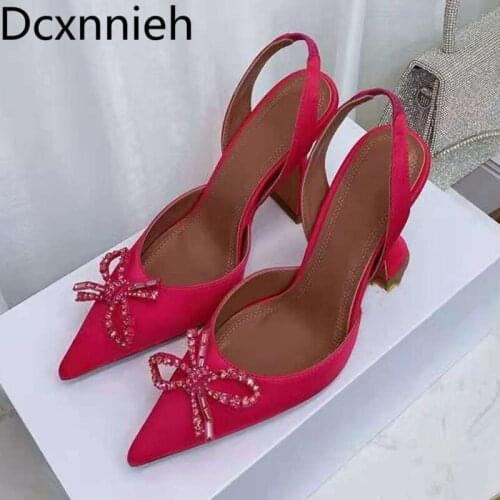 New Rose Red Bowknot Shoes Women Luxury Strange Style Heels Women Satin Crystal Shoes Woman High Heels Gladiator Sandals 2021
