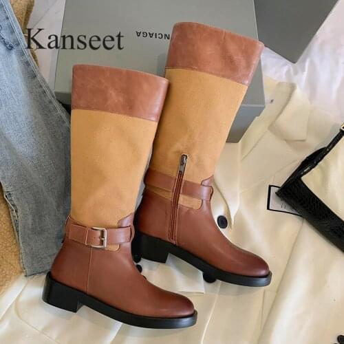 Kanseet Women Long Boots 2021 Autumn Winter New Round Toe Mixed Colors Cow Leather Handmade Mid Heel Shoes Knee-High Boots Brown