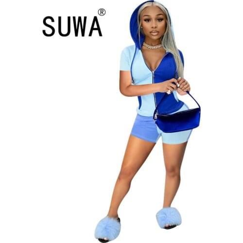 Contrast Color Patchwork Vintage Casual Two Piece Women Shorts Casual Sets Hoodies Top Biker Pants Sportsuit Wholesale Clothes