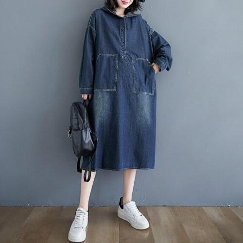 2020 Autumn New Plus Size Denim Dresses For Women Vintage Hoodie Big Pocket Long Maxi Jeans Dress Female Winter Dress Vestidos