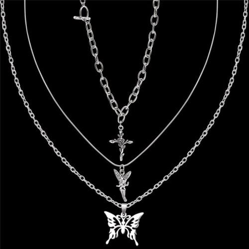 3Pcs/Set Layers Necklace Butterfly Angel Fairy Rose Cross Choker Necklaces For Women Girl Vintage Hip Hop Harajuku Jewelry