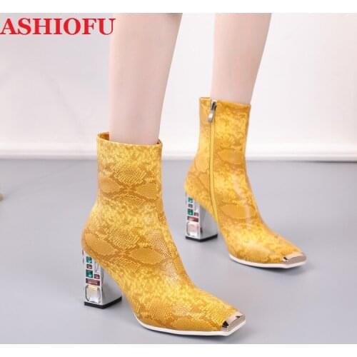 ASHIOFU New Handmade Womens Chunky Heels Boots Faux-snake Leather Party Ankle Booties Retro-style Evening Fashion Winter Boots