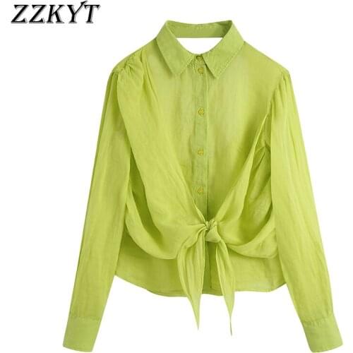 ZZKYT 2021 Women Spring Vintage Solid Bow Tie Blouses Fashion Lapel Collar Long Sleeve Backless Female Shirts Blusas Casual Tops