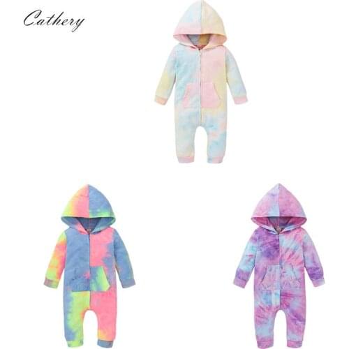 Cathery Infant Baby Girl Boy Romper Tie Dye Bodysuit Zipper Hoodie Romper Long Sleeve Cotton Jumpsuit Clothes Childrens Clothing