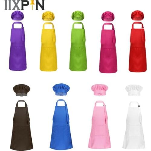 Kids Adjustable Apron And Chef Hat Set Kitchen Cooking Baking Painting Training Wear Boys Girls Chef Uniform Cosplay Costumes